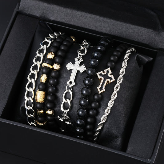 Men's Bracelet Set 7pcs - Beaded Cross Rhinestone Chain Bracelets for Men, Casual Fashion Stackable Jewelry, Daily Wear Dating Vacation, Gift for Boyfriend Father