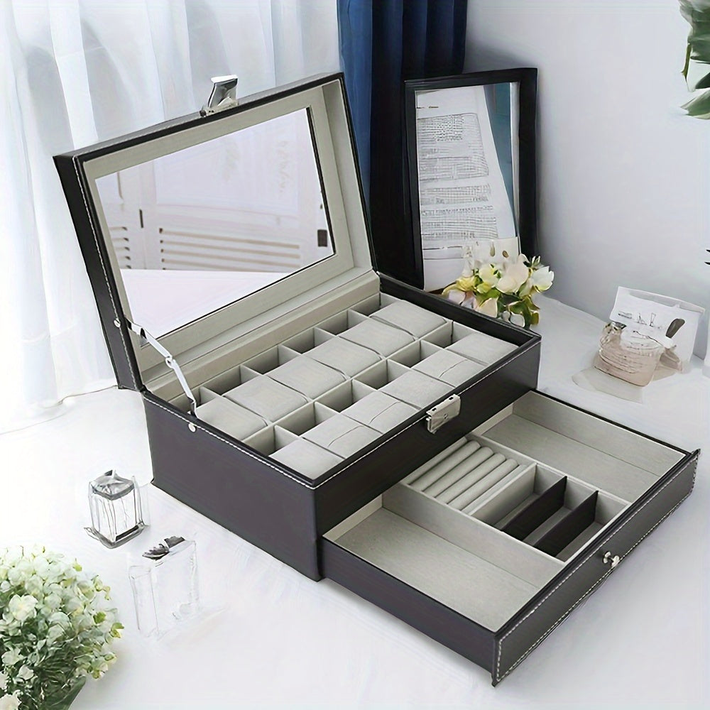 A 12-Compartment Faux Leather Watch Storage Box That Locks, Suitable for Both Men'S And Women'S Jewelry, Featuring Drawers And a Two-Tier Design with a Glass Top for Displaying Watches And Glasses