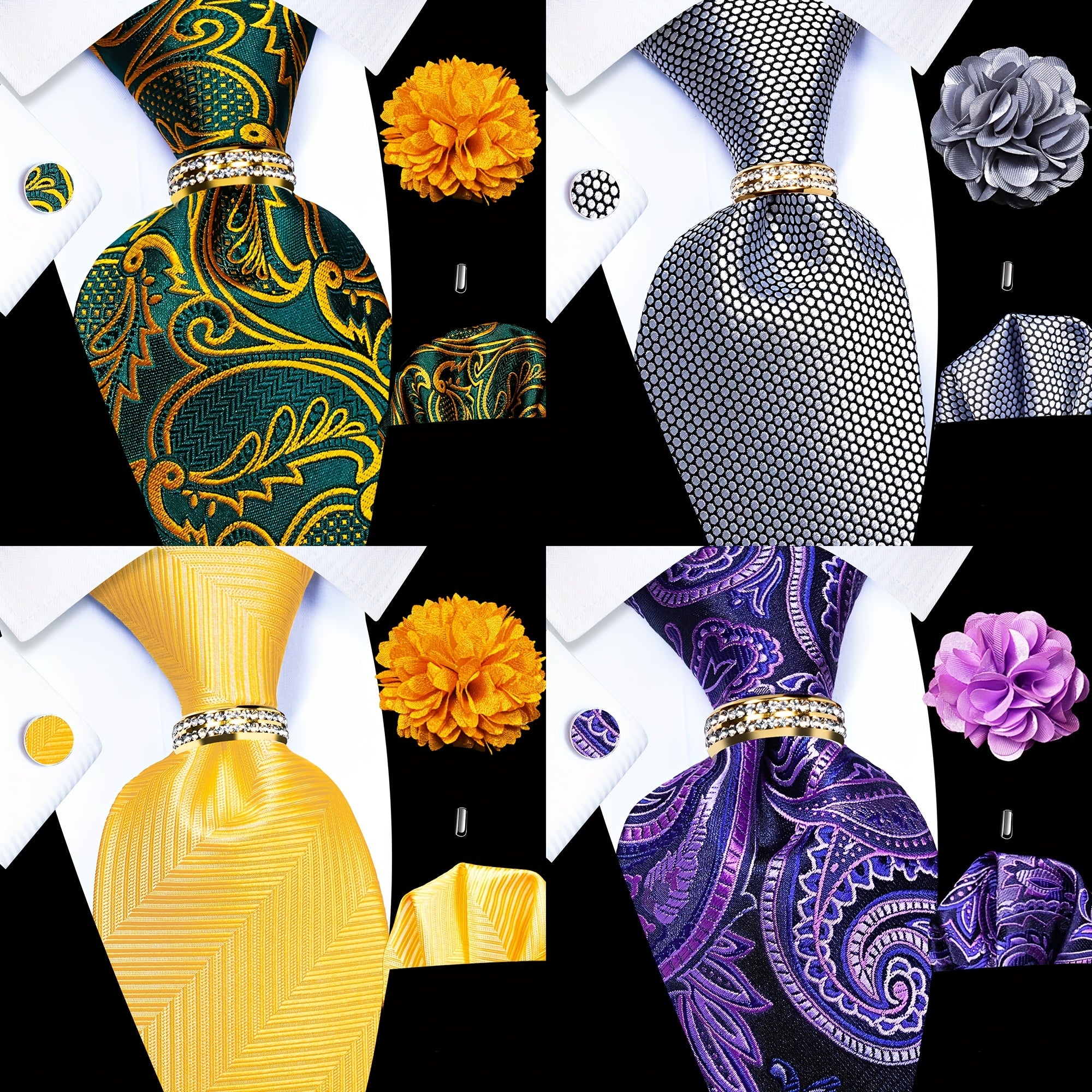 Set of 5pcs Including Men'S Ties, Pocket Squares, Cufflinks, a Golden Drilled Tie Ring, And a Lapel Pin, Perfect for Weddings, Groom Parties, Business Events, Or As a Gift for Men