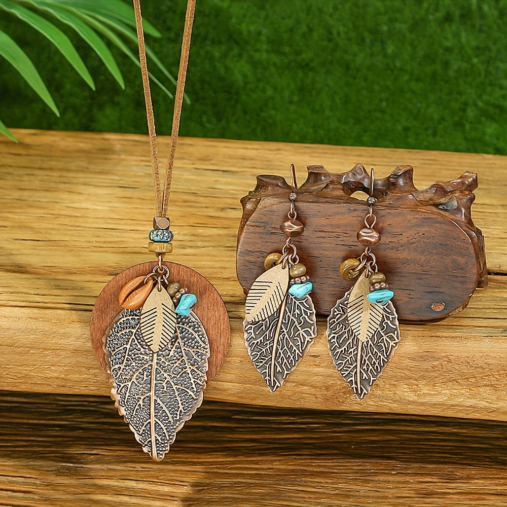 Boho Leaf Pendant Necklace & Earrings Set 3pcs for Women - Vintage Style Bohemian Jewelry Set, Versatile All-Season Accessories for Daily Wear, Vacation & Gifting