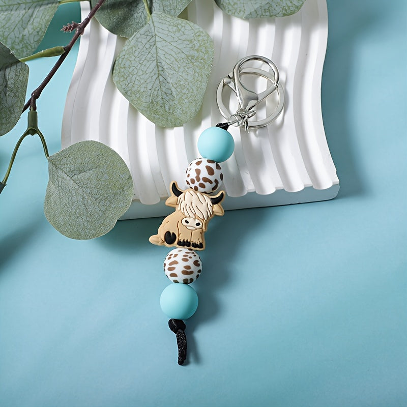 Western Beaded Keychain Set 2 Pcs - Vintage Cowboy Style Handmade Fringe Wristlet Keyring with Cartoon Yak Pendant, Boho Bag Charm Accessory Cute Gift for Friends Women