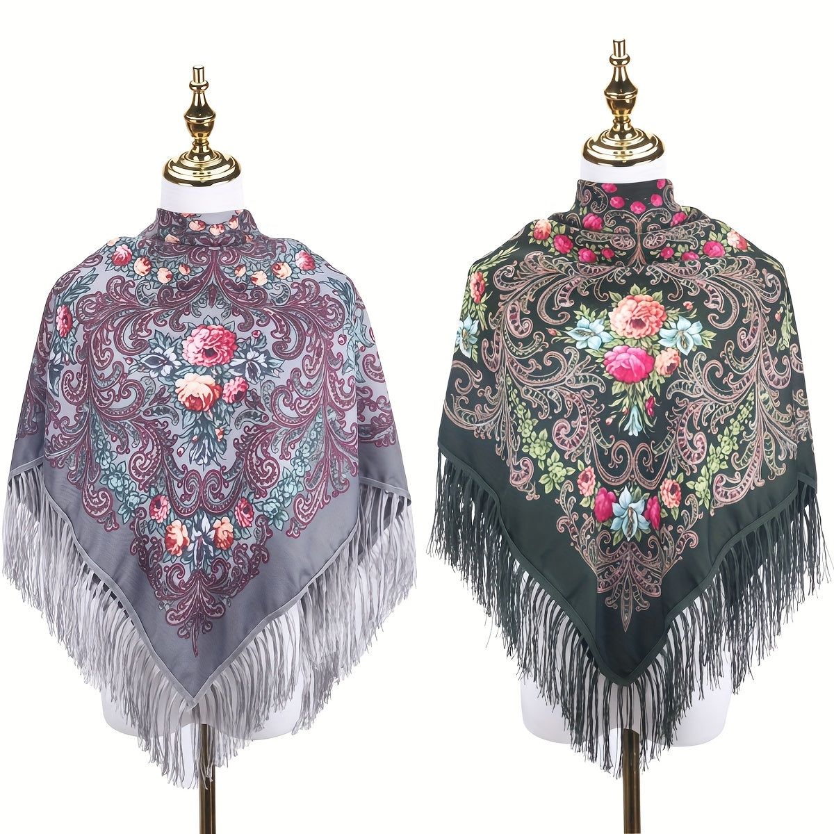 Set of 2 Tassel Shawls Featuring a Vintage Floral Design, Perfect for The Autumn-Winter Season. These Fringed Scarves Provide Warmth And Protection from The Wind, Ideal for Themed Parties And Costume Events. Great Clothing Options for You