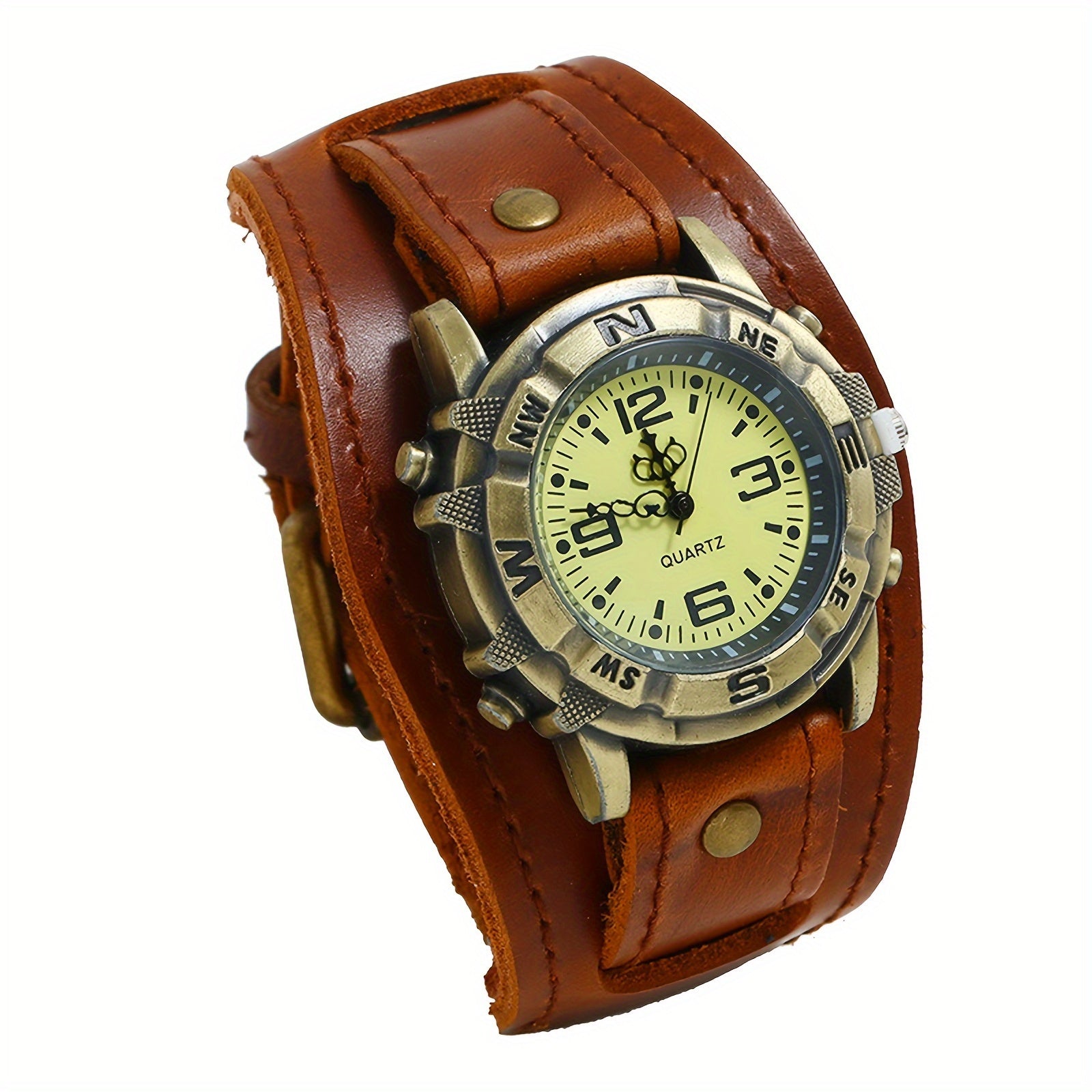 Vintage Steampunk Wide Leather Strap Analog Quartz Watch, Biker Watch, Round Case, For Men And Women, Halloween Christmas Father'S Day Mother'S Day Gift