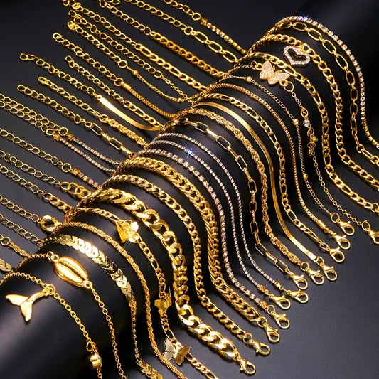 22pcs Vintage Simple Encrusted Rhinestone Metal Geometric Butterfly Heart Twist Chain Style Multi-Layer Stacking Anklet Set Women's Autumn And Winter Daily Match Attend Party Vacation Dating Holiday Gift