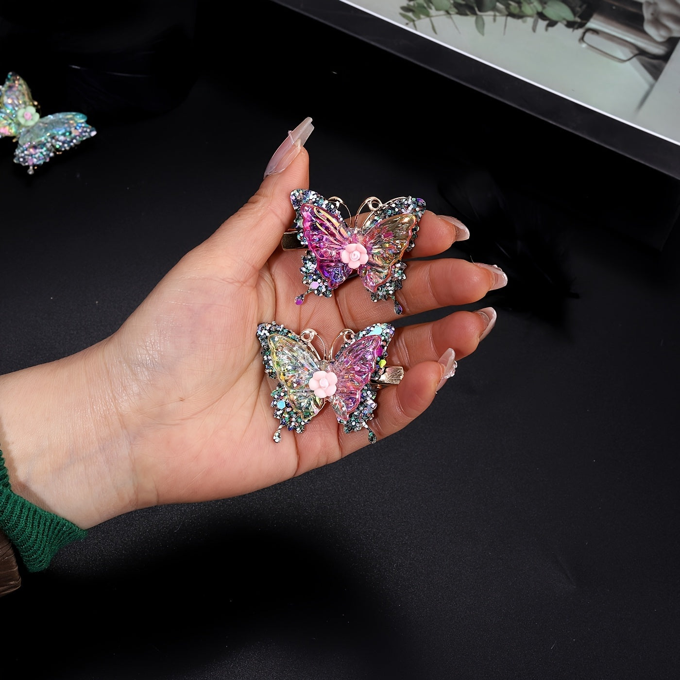 Butterfly Hair Clips 12pcs Set Y2K Shiny Sequin Double Layer Acrylic Butterfly Clips Luxury Hair Accessories for Women Girls Party Daily Holiday Headwear