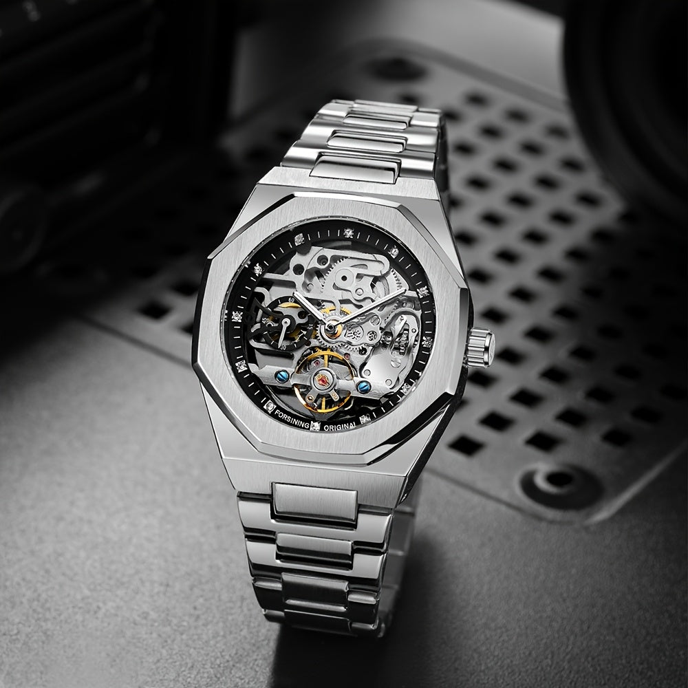 FORSINING Skeleton Tourbillon Automatic Mechanical Watch for Men – Luminous Hands, Stainless Steel Band, Irregular Case, Luxury Business Gift