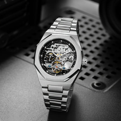 FORSINING Skeleton Tourbillon Automatic Mechanical Watch for Men – Luminous Hands, Stainless Steel Band, Irregular Case, Luxury Business Gift