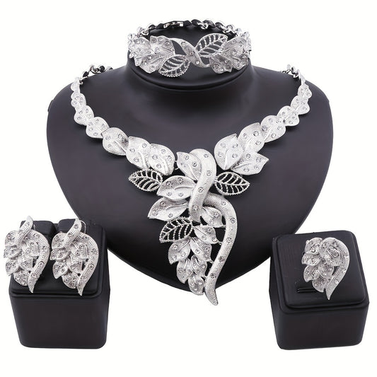Elegant Jewelry Set: Necklace + Earrings + Bracelet + Ring, 4-in-1 Set Inlaid Rhinestones, Christmas Gifts Halloween Costume Accessories, Holiday Party Dress Up Various Formal Dinners Prom Parties Wedding Receptions Evening Gown