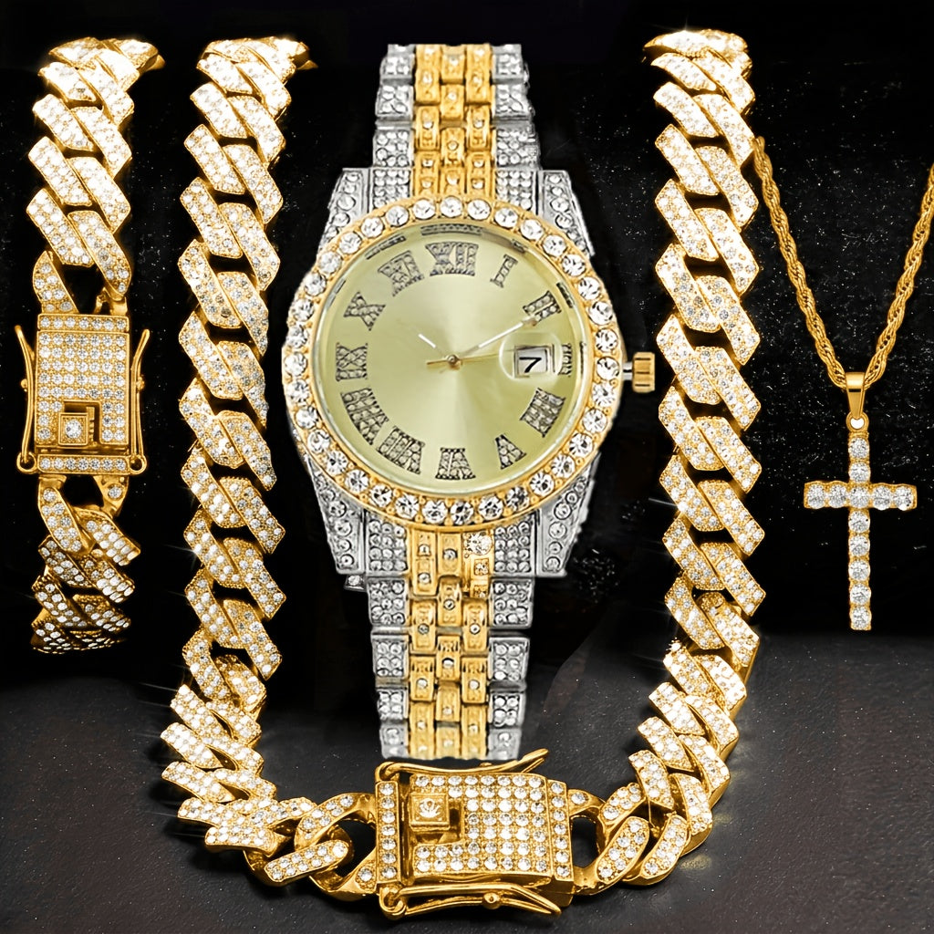 Men's Watch & Jewelry Gift Set 4pcs - Luxury Gold Quartz Watch with Rhinestone, 14mm Cuban Chain Necklace, Bracelet & Cross Pendant, Perfect Birthday Father's Day Wedding Gift for Men