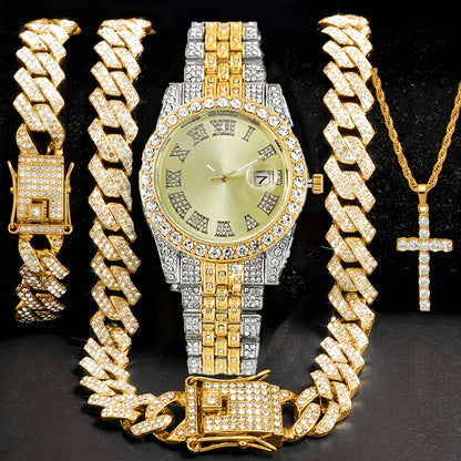 Men's Watch & Jewelry Gift Set 4pcs - Luxury Gold Quartz Watch with Rhinestone, 14mm Cuban Chain Necklace, Bracelet & Cross Pendant, Perfect Birthday Father's Day Wedding Gift for Men