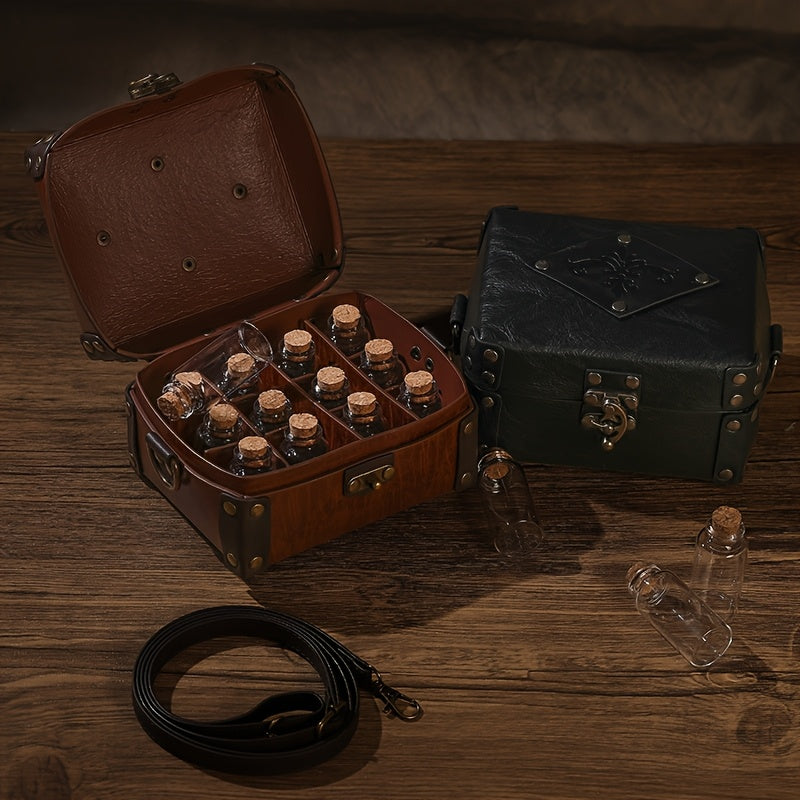Medieval Alchemist Bag with 12 Cork Potion Bottles - Vintage Messenger Bag for Jewelry & Dice Storage, Renaissance Fantasy Costume Accessory for Halloween Cosplay Themed Parties Festivals LARP