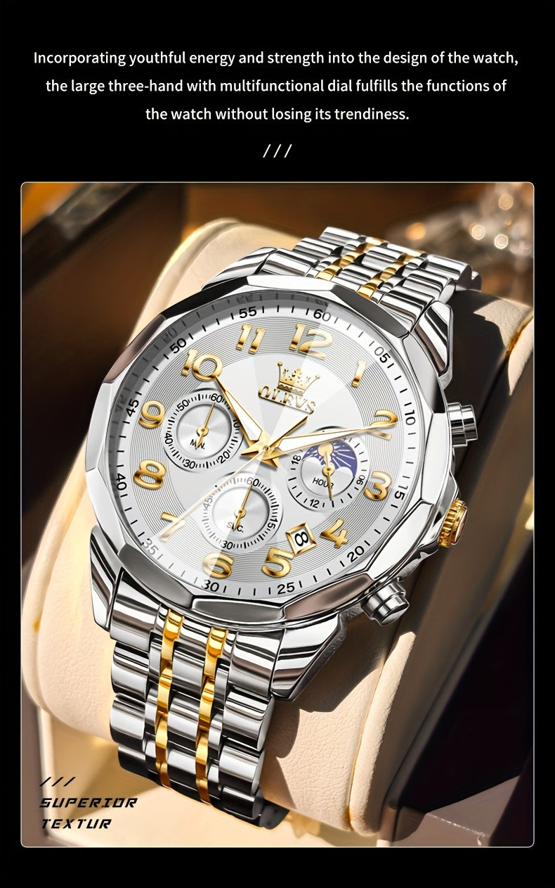 [Luxury Men's Watches] OLEVS Men's Watches Classic Dress Analog Quartz Chronograph Luxury Two Tone Stainless Steel Moon Phase Digital Luminous Date Men's Wrist Watches