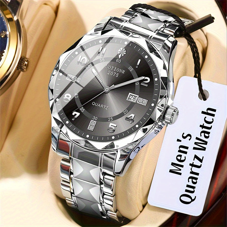 Men's Roman Numeral Rhinestone Quartz Watch Stainless Steel Strap – Date Display Minimalist Classic Design Fashion Wristwatch Gift, Golden Silvery Blue