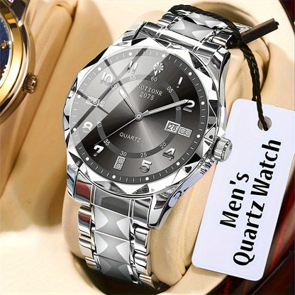 Men's Roman Numeral Rhinestone Quartz Watch Stainless Steel Strap – Date Display Minimalist Classic Design Fashion Wristwatch Gift, Golden Silvery Blue