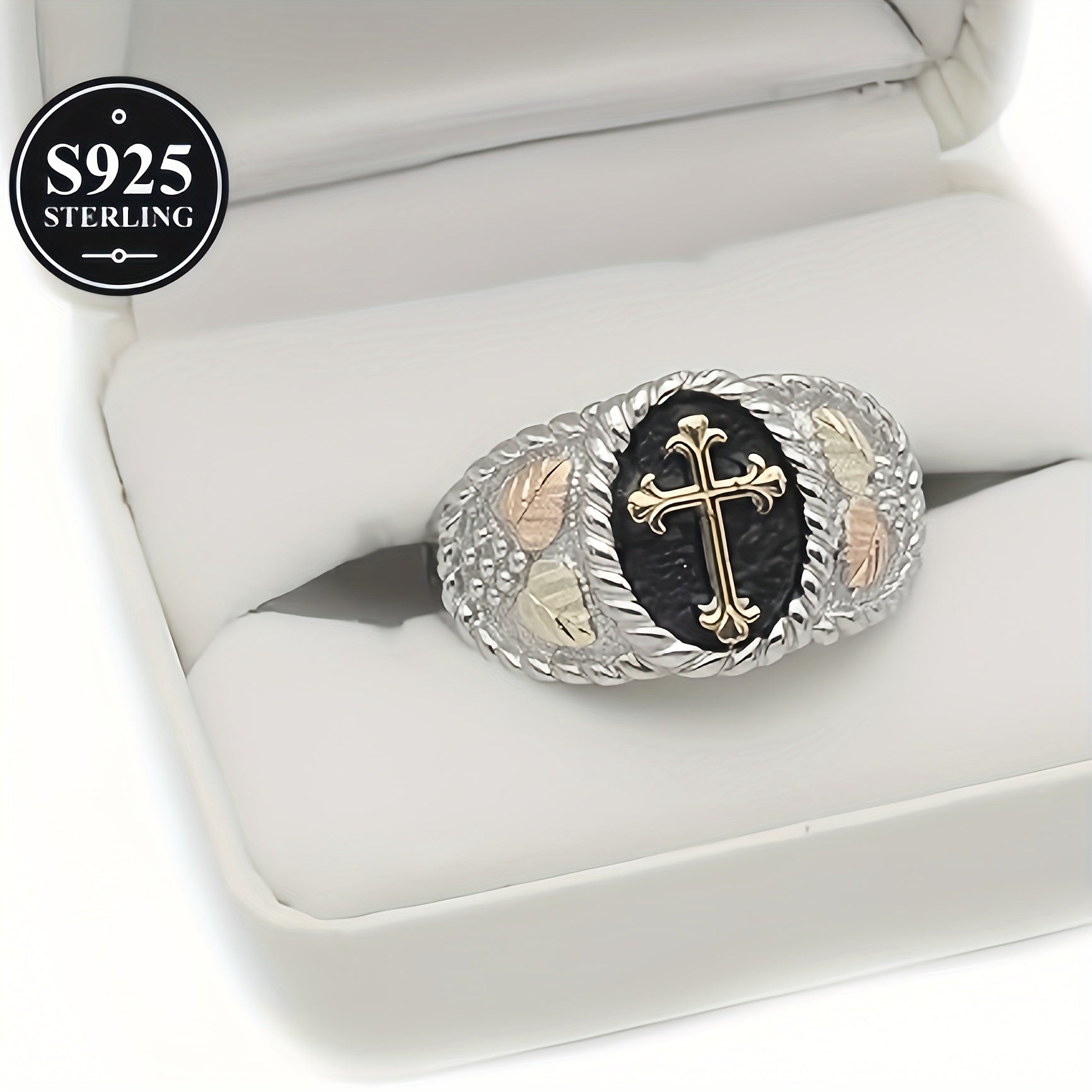 Fashion S925 Pure Silvery Men's Cross Ring - Black Mountain Golden Pattern Design - Suitable for Daily Parties, Banquets, Valentine's Day Gifts - Perfect Gift for Boyfriends And Fathers