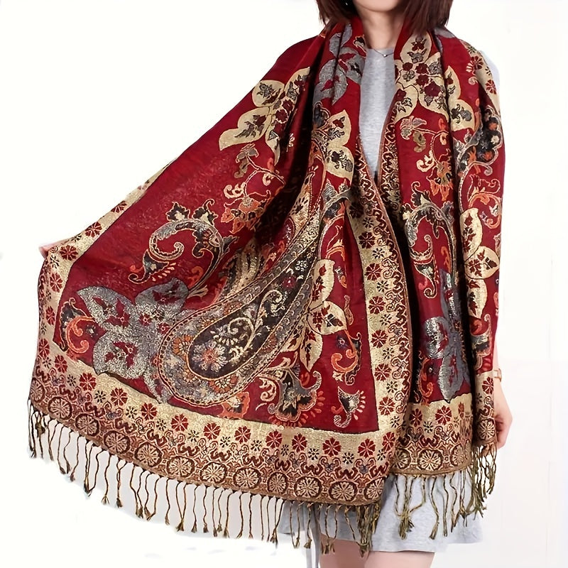 Brightly Colored Paisley Patterned Burgundy Scarf - Cozy, Warm, And Adaptable Neck Wrap Ideal for Travel, Music Festivals, And Daily Fashion - Ethnic-Inspired Shawl with Fringe Accents