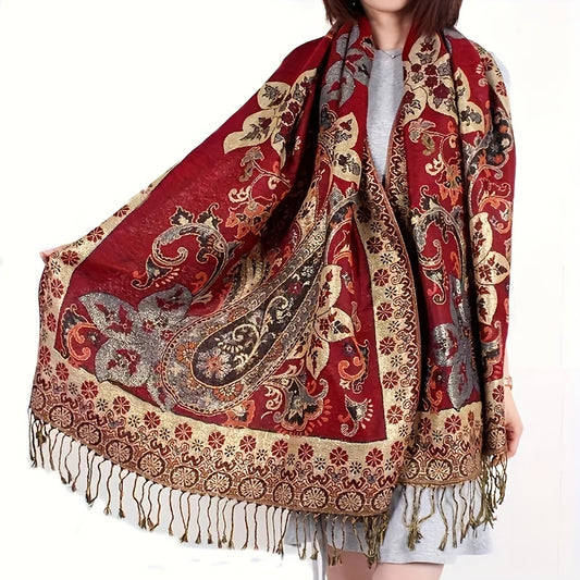 Brightly Colored Paisley Patterned Burgundy Scarf - Cozy, Warm, And Adaptable Neck Wrap Ideal for Travel, Music Festivals, And Daily Fashion - Ethnic-Inspired Shawl with Fringe Accents