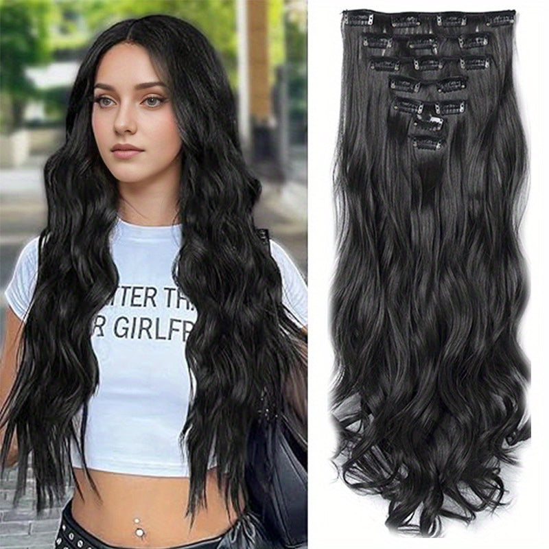 Clip In Hair Extensions 16 Clips 22 Inch 7pcs Set Black Long Natural Wave Hair Extension for Women Synthetic Hair Extensions Hairpieces