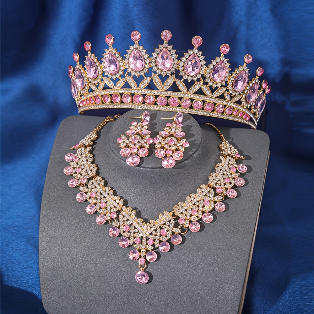 2pcs Fashion Bridal Crown Necklace And Earring Sets, Baroque Style Bridal Wedding Additions, High-End Banquet Birthday Crowns Girlfriend Birthday Gifts, Valentine'S Day Presents