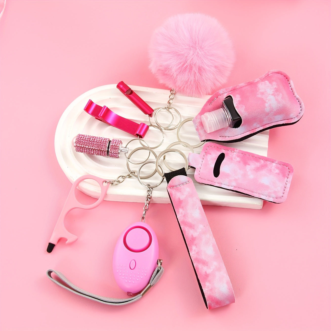 UNISEX Safety Keychain Set. Gift Box Set With 9 Cute Keychains For Ladies, Including Pom-poms, Personal Alarms, Bottle Openers, Rhinestone Shiny First Aid Kits And Survival Whistles. For Daily Use And Holiday Gift Giving