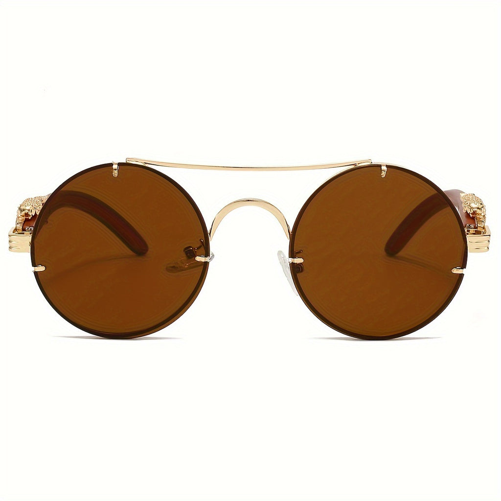 Fashionable Round Metal Frame Sunglasses with Gradient PC Lenses - Includes Protection Case - Luxury Double Bridge Design, Leopard Detail Hinges, Stylish And Chic for Both Men And Women, Perfect for Vacation, Street Photography, And As a Unique Gift