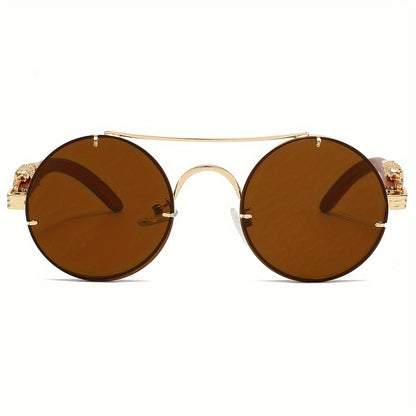 Round Metal Frame Sunglasses for Men Women - Luxury Double Bridge Gradient PC Lenses Leopard Hinge Detail with Case, Stylish Chic Shades for Vacation Street Photography Gift in 5 Colors