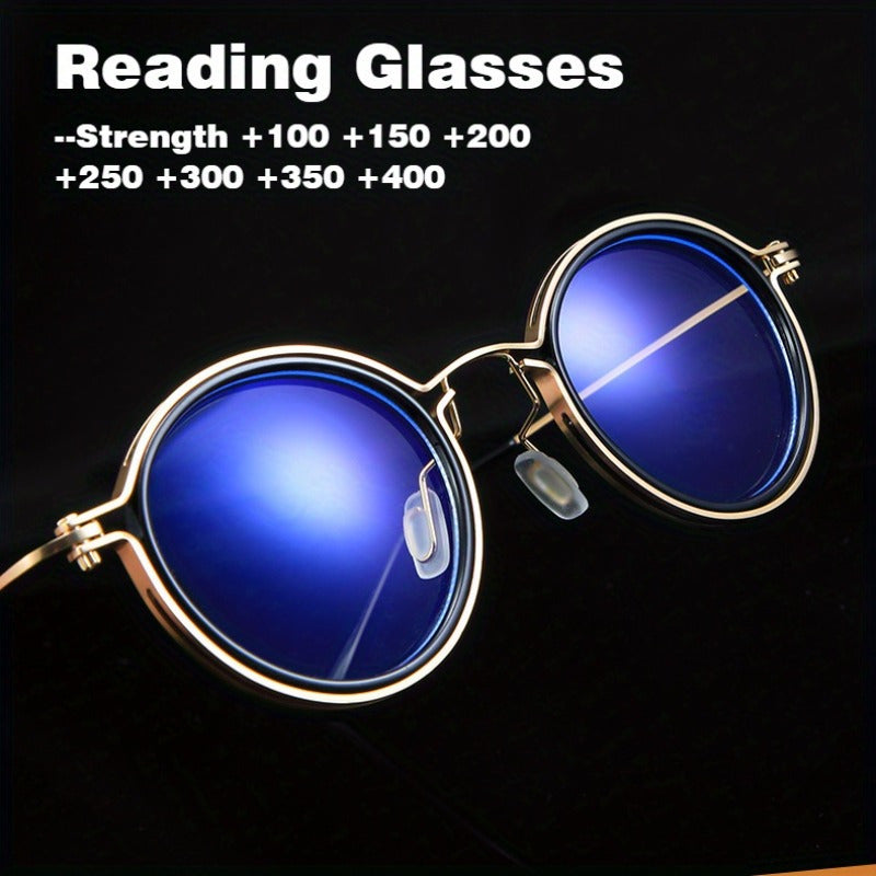 A Set of Retro Black Circular Metal Reading Spectacles, High-Definition Lenses with a Case, Unisex Traditional Metal Design, Available in +1.00 to +4.00 Diopters, Glare-Reducing Lenses, Protection for Computer Use, Without Battery