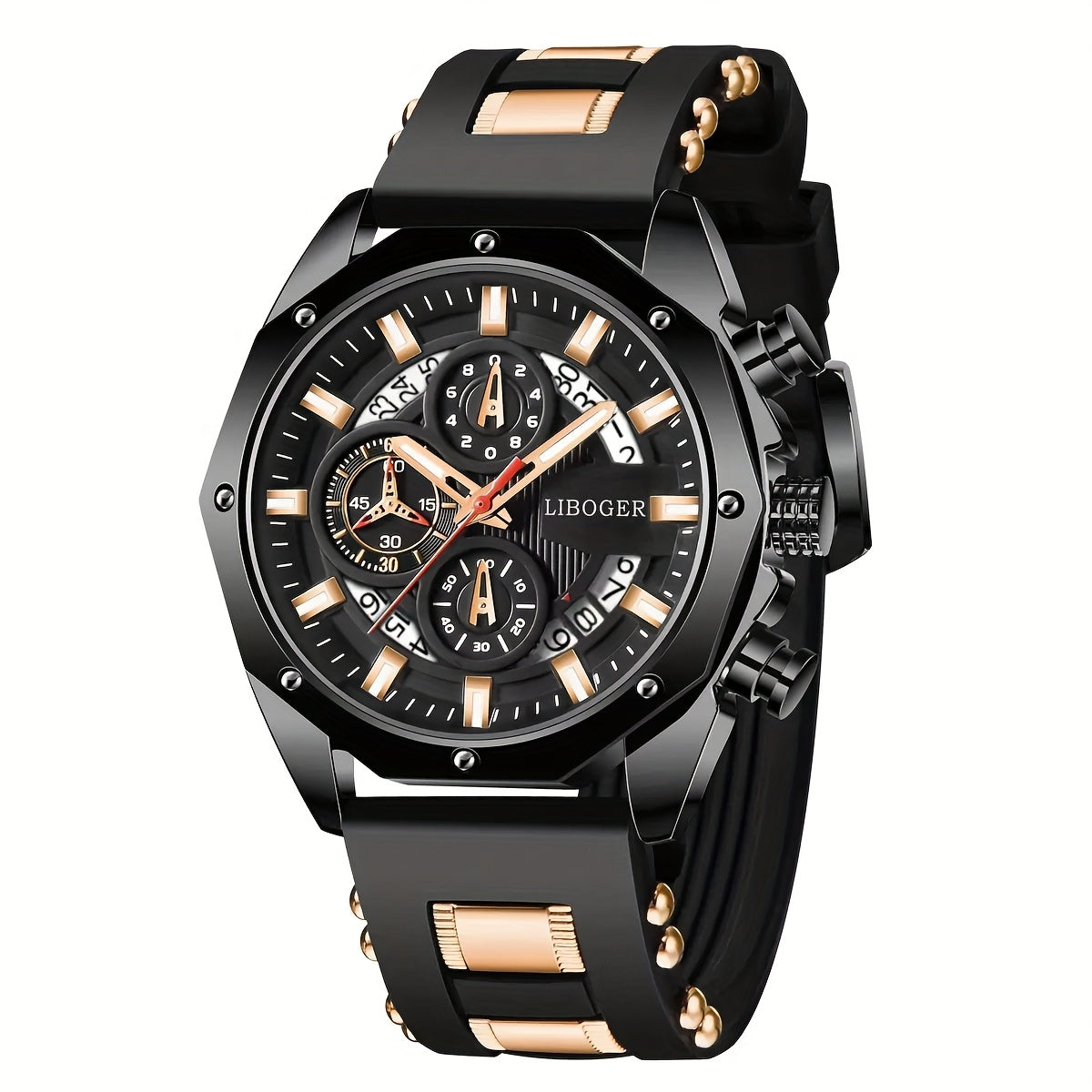 Chronograph Watch for Men - Large Dial Quartz Wristwatch with Day Date Month Display, 24H Analog, Leather Strap & Gold Buckle, Multi-Function Business Sport Dress Watch in Blue Silver Gold