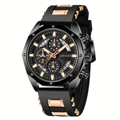 Chronograph Watch for Men - Large Dial Quartz Wristwatch with Day Date Month Display, 24H Analog, Leather Strap & Gold Buckle, Multi-Function Business Sport Dress Watch in Blue Silver Gold