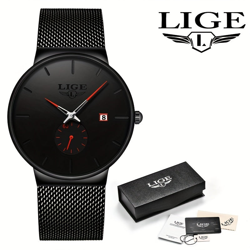 Men's Minimalist Mesh Belt Watch | Stainless Steel Quartz Wristwatch with Calendar & Waterproof Design, Slim Business Casual Dress Watch for Men in Gold, Rose Gold & Blue