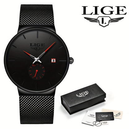 Men's Minimalist Mesh Belt Watch | Stainless Steel Quartz Wristwatch with Calendar & Waterproof Design, Slim Business Casual Dress Watch for Men in Gold, Rose Gold & Blue
