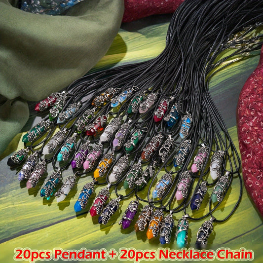 [Holiday Birthday Party] 40pcs Natural Stone Hexagonal Prism Wrap Flower Pendant & Black Chain Set (20pcs Pendant +20pcs Chain) - Ideal for Holiday Birthday Party Or Daily Wear