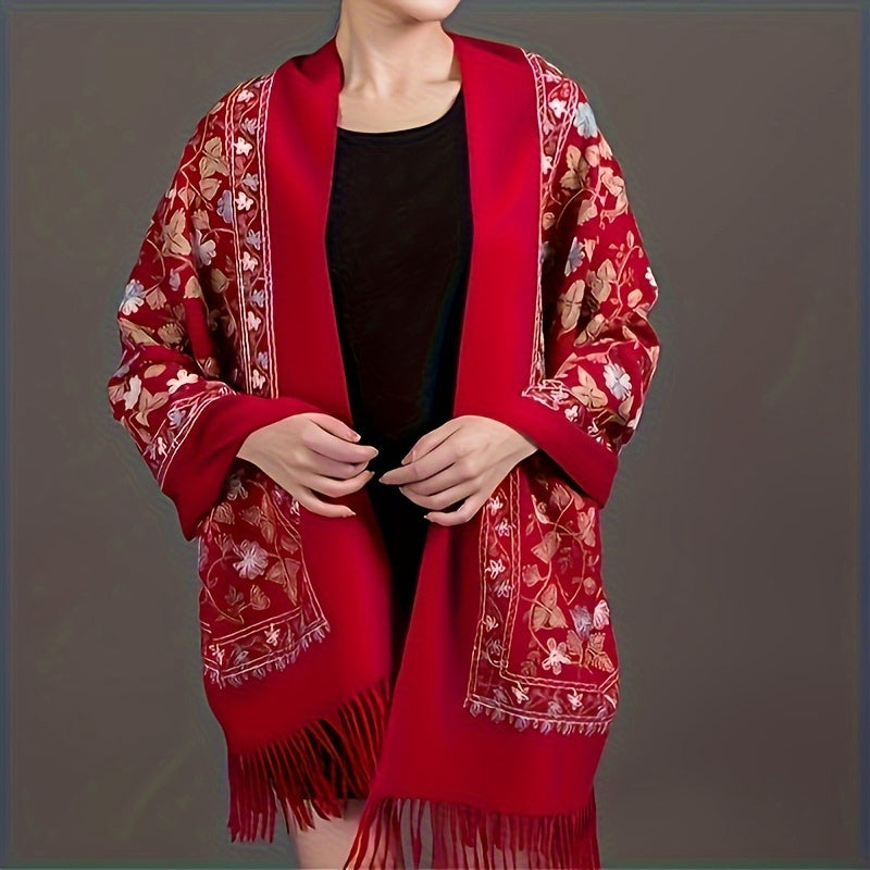 Floral Embroidered Coat & Vintage Embroidered Scarf Wrap - Bohemian Style Oversized Shawl for Spring/Fall - Versatile Warm Ethnic Print Accessory