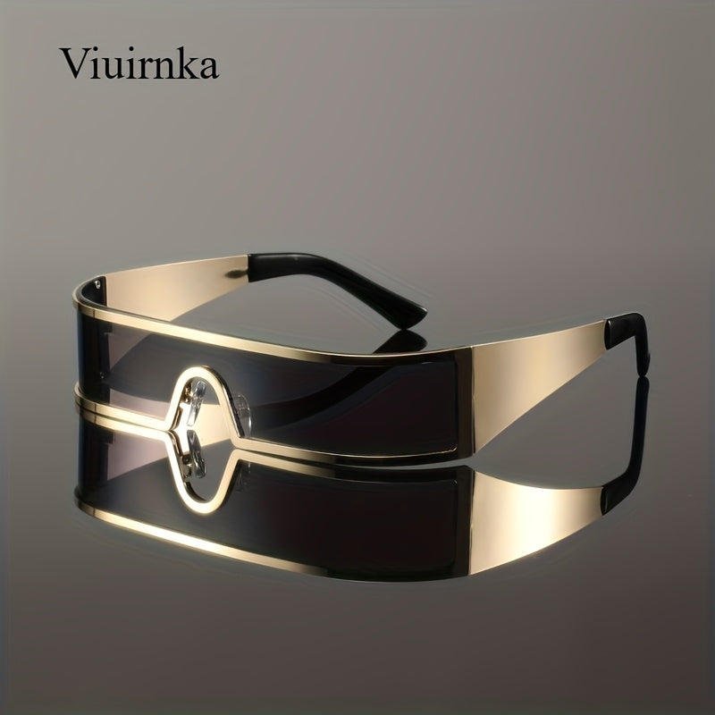Cyberpunk Metal Wraparound Glasses for Men – Wide Temple Futuristic Design with Case, Lightweight Street Style Fashion Eyewear, Perfect Halloween & Christmas Gift for Cool Event Wear