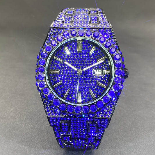 MISS FOX 2024 Hip Hop Men'S Luxury Iced Out Blue Rhinestone Wrist Watch Features a Luminous Japanese Quartz Movement, a Round Analog Design with a Zinc Alloy Band, And Is a Fashionable Party Watch Adorned with Large Sparkling Diamonds