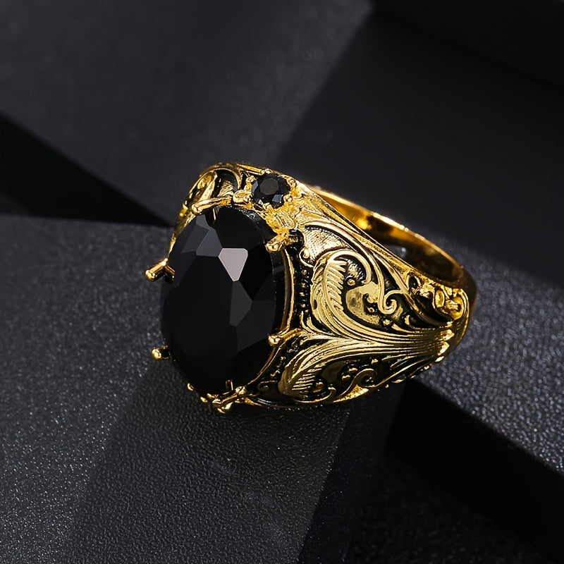 A Vintage Men'S Ring with a Black Oval Setting And Cubic Zirconia Retro Surface, Elegant Single Ring Jewelry Gift for Both Women And Men, a Daily Casual Ring, Without Battery