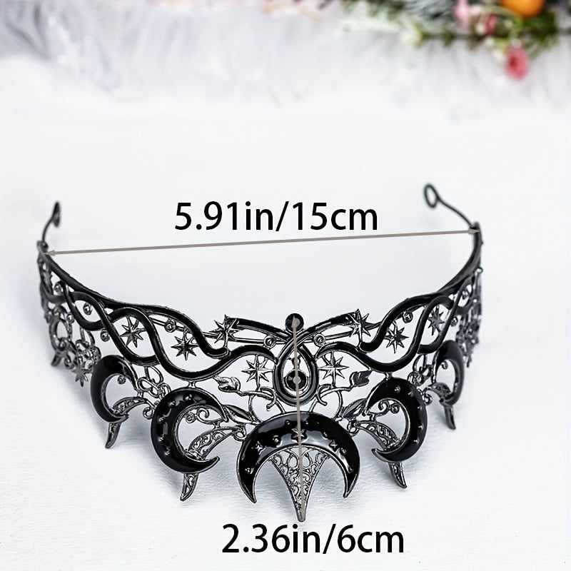 Crown Featuring a Gothic Black Crescent Moon Design for Both Men And Women, Adorned with Stars. This Dark Aesthetic Tiara Is Perfect for Witch, Pagan, Or Wiccan Themes, Ideal for Halloween Cosplay, Costume Parties, Stage Performances, Weddings