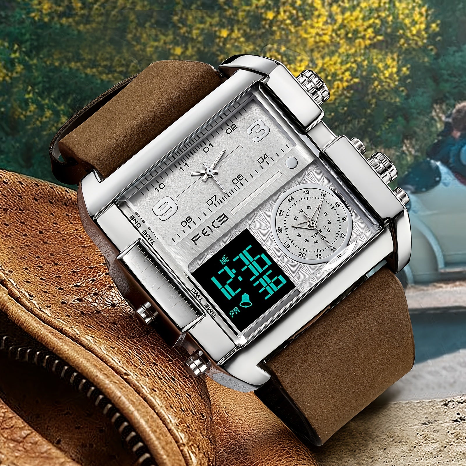 FEICE Fashion Business Men's Watch Digital LED Analog Quartz Watch 50mm Large Dial Square Men's Watch Multifunctional Sports Men's Watch Luminous Alarm Clock Timer 24H Calendar Cowhide Strap Men's Gift FK030