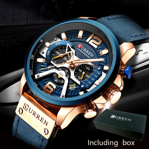 CURREN Watch Men Business Chronograph Faux Leather Strap Analog Quartz Date Stopwatch Wristwatch Blue Black Gold Rose Gold Brown Multi-Color