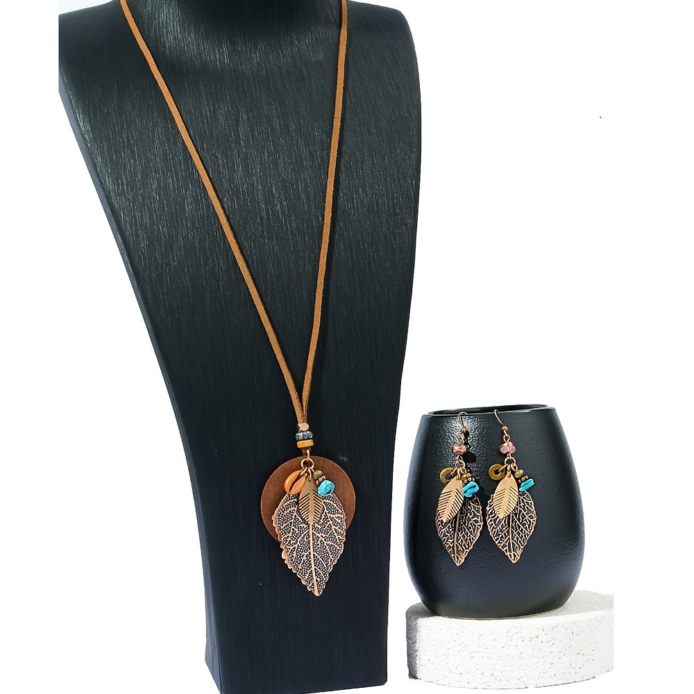 3pcs Bohemian Leaf Pendant Necklace And Earrings Set, Vintage Style Jewelry For Women, Versatile For Daily Wear And Vacation, All-Season Accessory