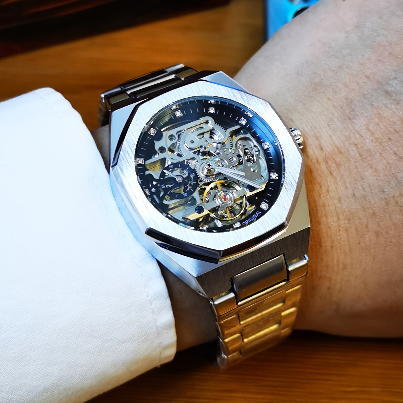 1pc FORSINING Men's Luxury Mechanical Watch - Skeleton Tourbillon, Luminous Hands, Stainless Steel Band, Irregular Case, Fashion Casual Style, Ideal for Christmas, Father's Day Gift, Luxury Business Watch | Automatic Watch | Without Battery