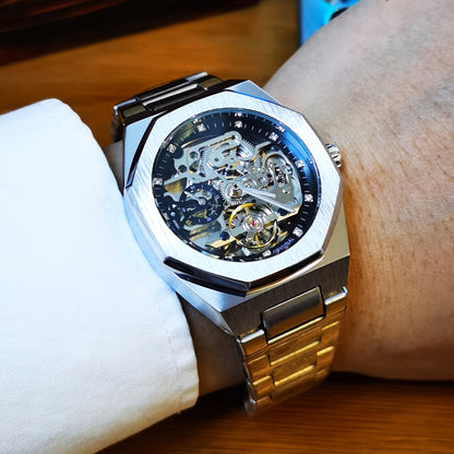 FORSINING Skeleton Tourbillon Automatic Mechanical Watch for Men – Luminous Hands, Stainless Steel Band, Irregular Case, Luxury Business Gift