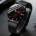 Men's Fashion Quartz Watch With Blue And Red Accents, Stainless Steel Mesh Strap, Modern Design, 14 Mm Case Thickness, Stylish Gift With Box