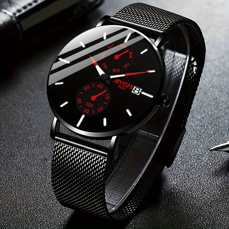 Men's Quartz Watch Stainless Steel Mesh Strap with Gift Box, Modern Slim 14mm Case Fashion Wristwatch with Color Accent Dial, Available in Black Red & Black Blue