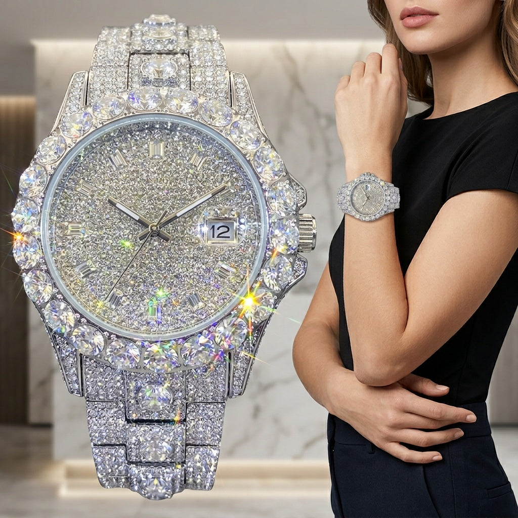 Men'S Classic Business Synthetic Rhinestone Couple Quartz Watch Calendar Luxury Classic Watch Ice Cold Hip Hop Fashion Brand Watch