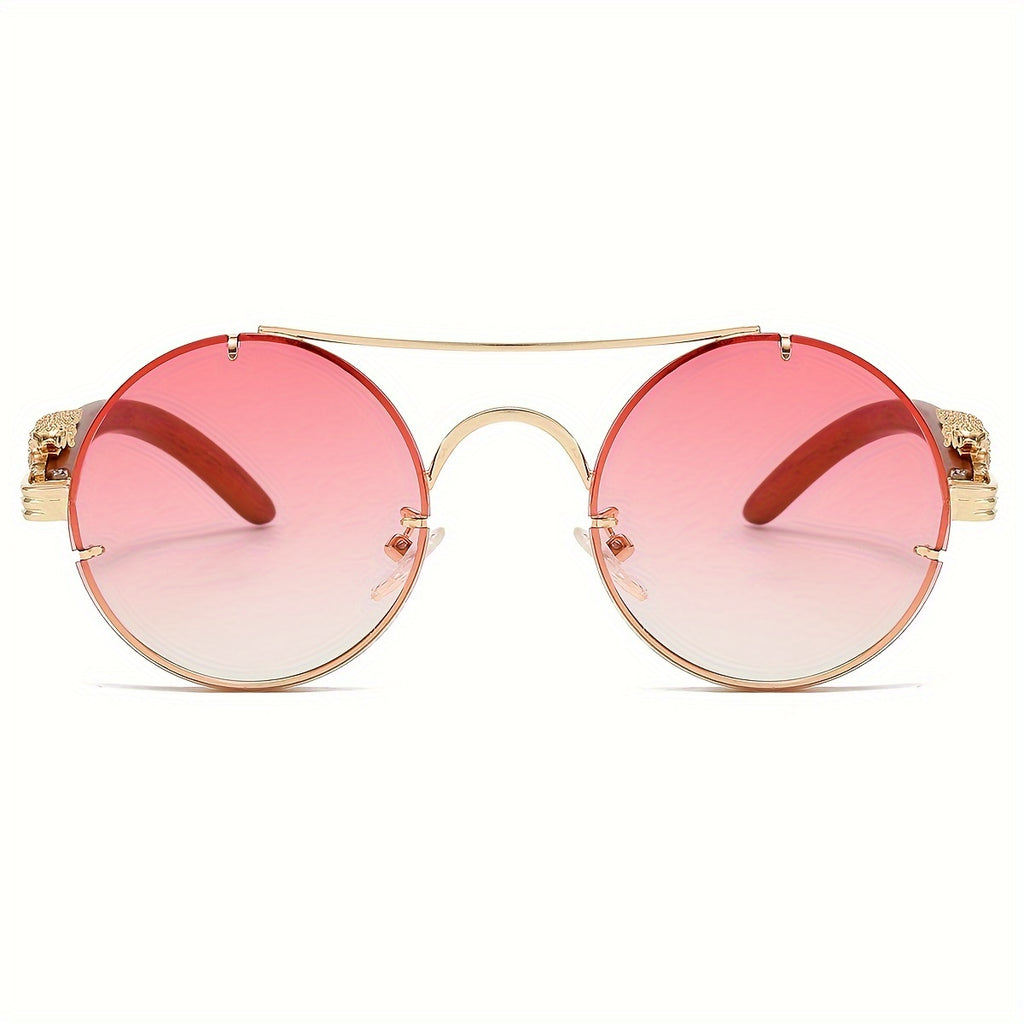 Fashionable Round Metal Frame Glasses with Gradient PC Lenses - Luxury Double Bridge Design, Leopard Detail Hinges, Stylish And Chic for Both Men And Women, Perfect for Vacation, Street Photography, And Includes Protection Case, As a Unique Gift