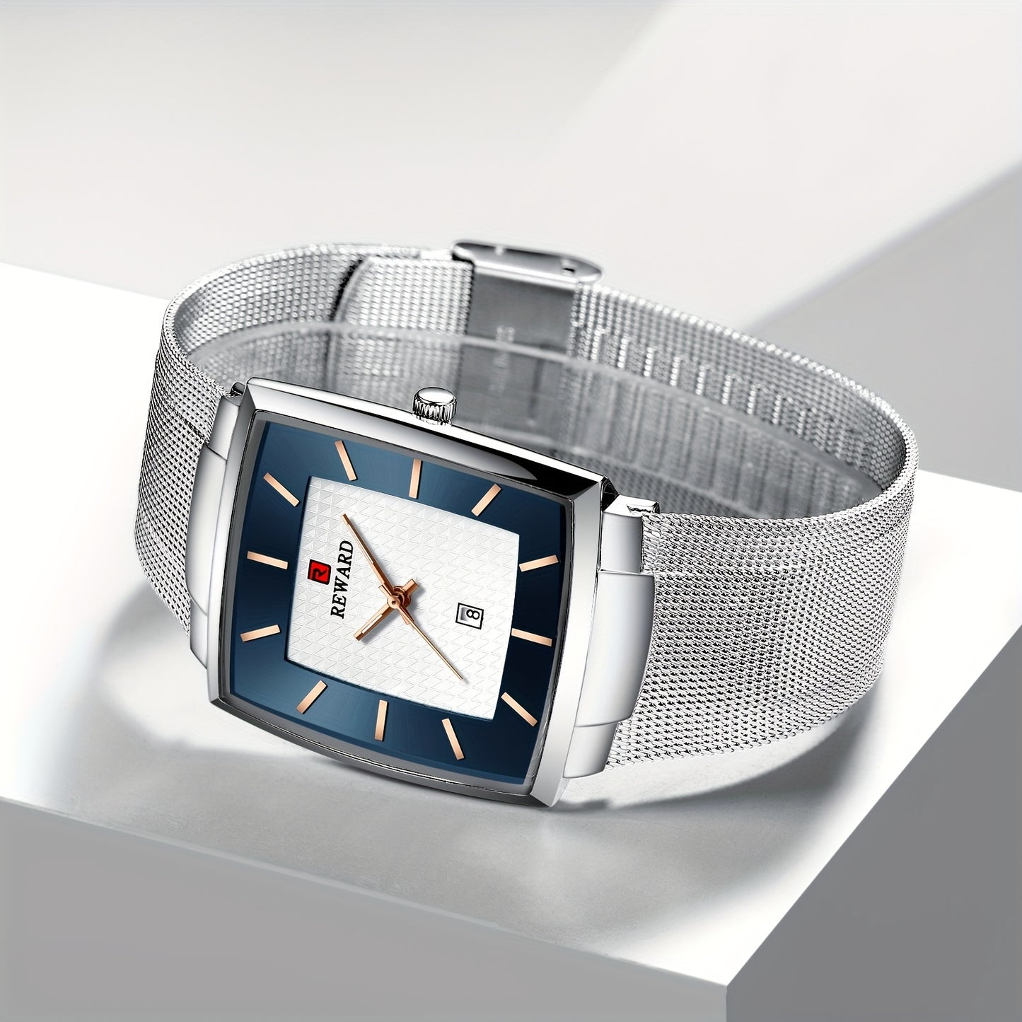 Men's Square Blue Dial Luxury Quartz Watch – Stainless Steel Strap, Luminous Hands, Date Display, Zinc Alloy Case Wristwatch for Men