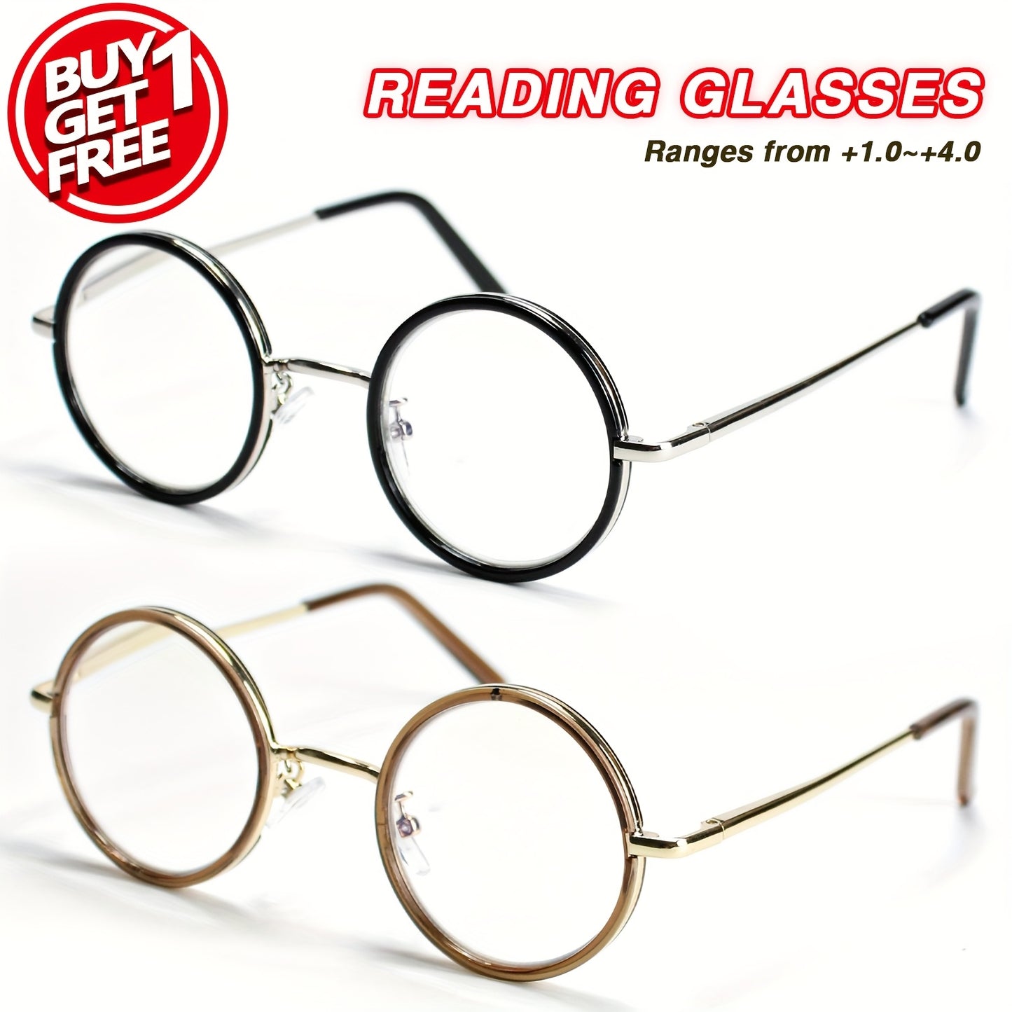 Reading Glasses 2 Pack Metal Round Frame Spring Hinge for Men Women – Lightweight Stylish Readers with Case & Cleaning Cloth, Tea Color Tawny Brown, Strength +100 to +400