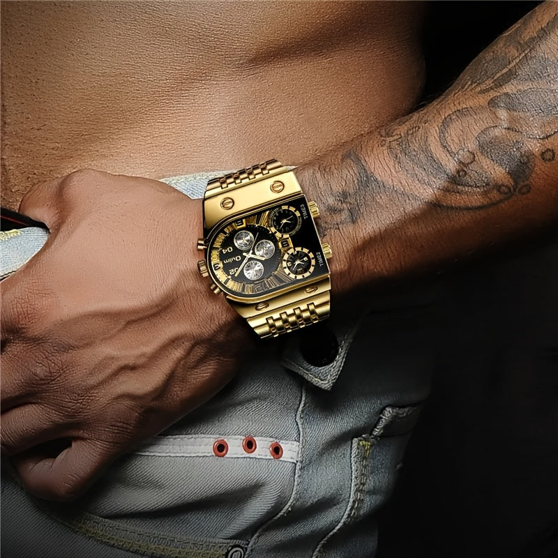 Gold Watch for Men Luxury Quartz Chronograph Roman Numeral Dial Date Multi-Timezone Alloy Band Business Formal Dress Wristwatch Golden Silver Blue Black