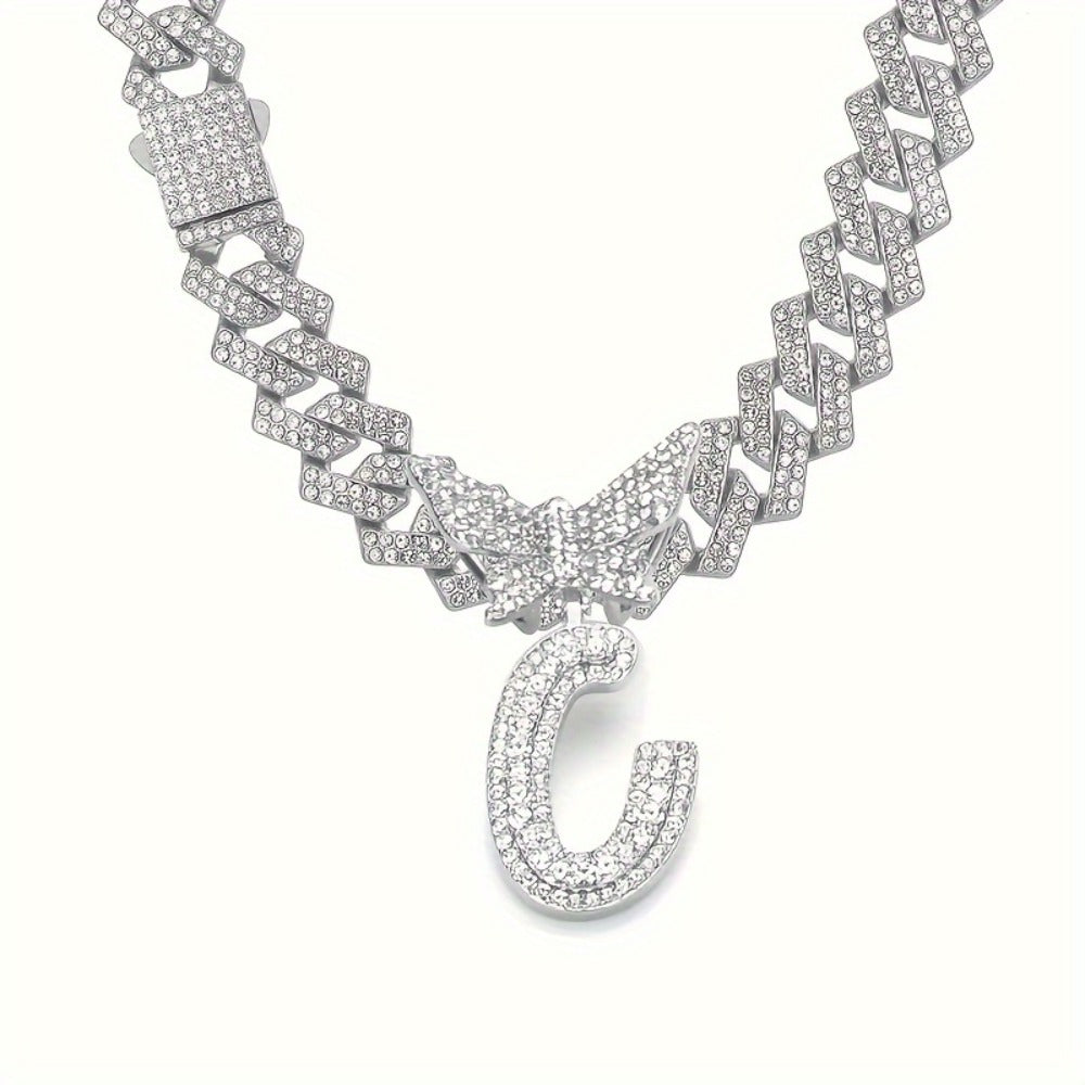 Cuban Link Chain Necklace - Initial Letter for Men Women - with Butterfly Alphabet Pendant A-Z, Gold & - product detail view